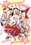  absurdres ascot bibi blonde_hair chibi dress fang flandre_scarlet hat highres one_eye_closed open_mouth short_hair side_ponytail smile solo touhou wings 