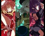  ankle_boots ascot ass asymmetrical_wings bad_id bad_pixiv_id black_dress black_hair blonde_hair boots choker column_lineup constricted_pupils crazy_eyes dress evil_grin evil_smile flandre_scarlet green_eyes green_hair grin hat heart houjuu_nue isa komeiji_koishi multiple_girls pillarboxed red_eyes sharp_teeth short_dress short_hair skirt smile stage_connection teeth third_eye touhou wings wrist_cuffs 