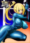  blonde_hair blue_eyes bodysuit breasts covered_nipples highres huge_breasts long_hair metroid onomeshin puffy_nipples samus_aran skin_tight solo weapon zero_suit 