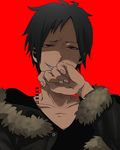  1boy aira_(radturee) artist_request bad_id black_hair collarbone durarara!! hand_to_own_mouth male male_focus orihara_izaya red_background red_eyes short_hair simple_background smile solo 