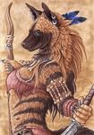  anthro clothed clothing ear_piercing feather female green_eyes hyena kikivuli knife mammal necklace piercing portrait qzurr savannah skimpy skull solo striped_hyena tribal warrior weapon 