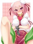  :&lt; bandages blush breasts bun_cover chain chinese_clothes cuffs double_bun flower ibaraki_kasen large_breasts pink_flower pink_hair pink_rose red_eyes rose shackles short_hair skirt solo suterii touhou 