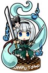  bad_id bad_pixiv_id belt blue_eyes bob_cut boots bow character_name checkered checkered_floor chibi cross-laced_footwear dual_wielding flower ghost hair_bow hair_flower hair_ornament highres hitodama holding konpaku_youmu konpaku_youmu_(ghost) lace-up_boots short_hair side_slit silver_hair skirt socha solo sword touhou transparent_background vest weapon 