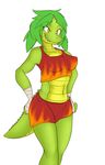  clothed clothing crocodile cute female green_hair hair reptile scalie shorts skimpy solo standing wyntersun yaita 
