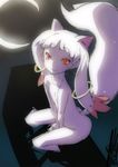  androgynous animal_ears cat_ears crescent_moon kyubey looking_at_viewer looking_up mahou_shoujo_madoka_magica moon night nude personification red_eyes sameda_koban silver_hair sitting sketch solo tail v_arms 