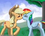  blonde_hair blue_body blush cute cutie_mark equine eyes_closed feathers female feral friendship_is_magic grass hair hasbro horse john_joseco kissing lesbian mammal multi-colored_hair my_little_pony orange_body outside pegasus pony rainbow_dash_(mlp) rainbow_hair tree wings wood 