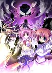  akemi_homura bardiche black_hair blonde_hair blue_eyes bow brown_hair cape cloud cover cover_page debris fate_testarossa fingerless_gloves gloves hair_ribbon hand_on_own_chest highres kaname_madoka kazekawa_nagi kyubey long_hair lyrical_nanoha magical_girl mahou_shoujo_lyrical_nanoha mahou_shoujo_lyrical_nanoha_the_movie_1st mahou_shoujo_madoka_magica mitakihara_school_uniform multiple_girls pink_eyes pink_hair raising_heart red_eyes ribbon school_uniform short_hair short_twintails sky takamachi_nanoha twintails walpurgisnacht_(madoka_magica) 