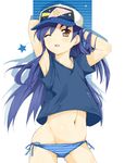  armpits arms_behind_head blue_hair bracelet brown_eyes hat highres idolmaster idolmaster_(classic) jewelry kisaragi_chihaya kitsune_(scaz) long_hair navel no_pants one_eye_closed open_mouth panties panty_pull shirt side-tie_panties solo striped striped_panties underwear 