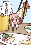  bandages blush_stickers bun_cover chibi chopsticks double_bun flower ibaraki_kasen kukku open_mouth pink_eyes pink_flower pink_hair pink_rose rose short_hair solo touhou translated 