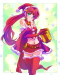  1girl boots box capelet christmas circlet dress forehead_protector fur_trim gift gift_box gloves green_eyes hat highres iesupa long_hair midriff navel off_shoulder ponytail pyrrha_nikos red_dress red_gloves red_hair rwby santa_costume santa_hat solo thigh_boots thighhighs 