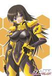  black_hair bodysuit breasts covered_nipples large_breasts long_hair misnon_the_great muvluv muvluv_alternative muvluv_total_eclipse pilot_suit purple_eyes solo takamura_yui 