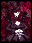  bow breasts cleavage dress eyepatch flower gothic_lolita hands_clasped hat large_breasts lolita_fashion nail_polish original own_hands_together red_hair rose smile solo thorns top_hat torigoe_takumi 