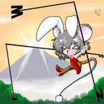  &gt;_&lt; animal_ears bunny_ears bunny_girl bunnysuit chibi closed_eyes dowsing_rod grey_hair high_heels kitsune_neko_(kon_mao) mouse_ears mouse_tail nazrin pantyhose shoes short_hair solo tail touhou 