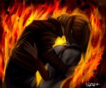  1boy 1girl claire_redfield fire flames kiss leon_s_kennedy love lowres resident_evil resident_evil_2 