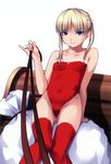  absurdres bare_shoulders blonde_hair blue_eyes cameltoe christmas flat_chest highres long_hair navel one-piece_swimsuit ooji original pinky_out red_legwear sack simple_background sitting sleigh smile solo swimsuit thighhighs twintails 