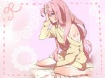  aqua_eyes bottomless ebina jpeg_artifacts long_hair megurine_luka messy_hair off_shoulder pink_hair sitting sleepy solo very_long_hair vocaloid 