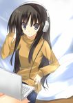  akiyama_mio black_hair blue_eyes computer headphones k-on! kuwashima_rein laptop long_hair orange_shirt shirt solo sweater 