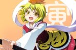  blonde_hair fang hair_ornament multicolored_hair shawl short_hair solo toramaru_shou touhou yellow_eyes yoshihara_maito 