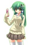  alternate_costume cellphone contemporary frog green_hair hair_ornament kochiya_sanae long_hair phone rappa_(rappaya) school_uniform skirt smile snake solo sweater thighhighs touhou white_legwear yellow_eyes zettai_ryouiki 