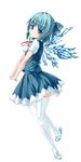  absurdres blue_eyes blue_hair bow cirno dress fairy_wings full_body hair_bow high_heels highres sandals shoe_dangle shoes solo thighhighs touhou transparent_background unasaka_ryou wings zettai_ryouiki 