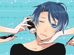  applying_makeup aqua_background bitte blue_eyes blue_hair blush clenched_teeth cosmetics face hair_between_eyes hair_ornament hairclip hand_on_another's_cheek hand_on_another's_face hands kaito looking_at_viewer makeup makeup_brush male_focus nail_polish one_eye_closed out_of_frame outline portrait red_nails solo_focus teeth vocaloid wince 