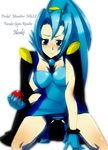  blue_eyes blue_hair cape character_name choker copyright_name dress engrish gloves gym_leader holding holding_poke_ball ibuki_(pokemon) kneeling panties poke_ball poke_ball_(generic) pokemon pokemon_(game) pokemon_hgss ponytail ranguage sen_no_hito. short_dress simple_background solo striped striped_panties underwear unitard white_background 