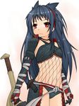  armor bad_id bad_pixiv_id bandages bikini_armor blue_hair blush choker elbow_gloves fishnets flat_chest gloves hairband kochiya_(gothope) long_hair midriff monster_hunter nargacuga_(armor) red_eyes sash slit_pupils solo standing sword very_long_hair weapon 