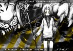  axe bad_id bad_pixiv_id copyright_request monochrome monster mouth_hold solo spot_color v weapon yellow_eyes ze_(sawakihein) 