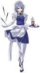  absurdres ankle_lace-up apron bad_id bad_pixiv_id blue_eyes braid cross-laced_footwear cup elbow_gloves full_body garter_straps gloves hairband highres izayoi_sakuya knife looking_at_viewer maid maid_headdress ribbon short_hair silver_hair solo standing teacup thighhighs touhou transparent_background tray twin_braids uemukai_dai waist_apron white_gloves white_legwear 