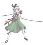  absurdres bandages black_hairband blue_eyes cuboon dual_wielding fighting_stance flower full_body hairband highres holding konpaku_youmu mouth_hold short_hair silver_hair solo standing sword touhou transparent_background weapon 