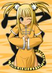  animal_ears blonde_hair chinese_clothes dark_skin kisaragi_yuki kufei mahou_sensei_negima! one_eye_closed solo tail tiger_ears tiger_tail twintails 