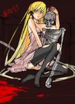  bakemonogatari blonde_hair blood dress kiss-shot_acerola-orion_heart-under-blade kizumonogatari legs lips long_hair monogatari_(series) skeleton sketch solo tetsu_(kimuchi) thighhighs torn_clothes torn_legwear 