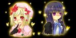  beret blonde_hair bow butterfly dress emotionless expressionless frederica_bernkastel gloves hat lambdadelta pink_dress purple_eyes purple_hair red_eyes simple_background smile umineko_no_naku_koro_ni violet_eyes 