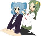  barefoot beni_oboro blazer blue_eyes blue_hair cirno cirno_(cosplay) cosplay daiyousei daiyousei_(cosplay) derivative_work green_eyes green_hair hirasawa_ui hirasawa_yui jacket k-on! multiple_girls pantyhose parody ribbon school_uniform siblings side_ponytail sisters touhou 