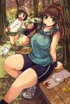  age_difference bike_shorts bottle breasts brown_hair dog drinking forest green_eyes hat large_breasts legs long_hair looking_at_viewer multiple_girls nature original ponytail puppy shoes sitting skirt sneakers towel tree_shade water_bottle xration 