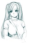  aqua between_breasts breasts ino kousaka_rino lineart long_hair monochrome otome_function simple_background sketch solo strap_cleavage twintails white_background 