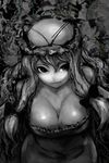 bad_id bad_pixiv_id bow breasts cleavage cong1991 greyscale hair_bow hat hat_ribbon highres large_breasts leaning_forward long_hair monochrome no_nose ribbon smile solo touhou yakumo_yukari 