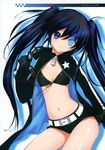  absurdres belt bikini_top black_rock_shooter black_rock_shooter_(character) blue_eyes blue_hair coat dmyotic gloves highres long_hair midriff navel shirahane_nao shorts solo star twintails unzipped 