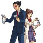  1girl badge bag black_hair blue_eyes bottle brown_hair formal gyakuten_saiban gyakuten_saiban_1 half_updo handbag houzuki_akane kobashi labcoat lowres naruhodou_ryuuichi necktie ribbon school_uniform science skirt sleeves_rolled_up spray_bottle suit sunglasses test_tube 