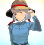  bad_id bad_pixiv_id bob_cut dress hat howl_no_ugoku_shiro masao short_hair silver_hair smile solo sophie_(howl_no_ugoku_shiro) straw_hat upper_body 