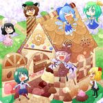  6+girls :&lt; :3 :d animal_ears antennae bad_id bad_pixiv_id black_hair blonde_hair blue_eyes blue_hair blush_stickers brown_hair candy cape carrot cat_ears checkerboard_cookie chen chibi chocolate cirno closed_eyes cookie daiyousei dress drooling eating fang food gingerbread_house green_hair hat heart heart_in_mouth inaba_tewi jewelry kuzugitsune_(inarikami) lollipop multiple_girls mushroom mystia_lorelei open_mouth pink_hair pudding red_eyes rumia skirt smile socks sparkle star sweatdrop sweets swirl_lollipop team_9 touhou wings wriggle_nightbug 