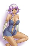  aida_mai bad_id bad_pixiv_id bare_shoulders barefoot breasts dark_skin elbow_gloves gloves large_breasts navel original pointy_ears purple_hair smile solo yellow_eyes 