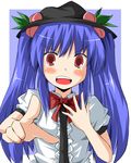  alternate_hairstyle bad_id bad_pixiv_id blue_hair blush bow food fruit hand_on_own_chest hat hinanawi_tenshi long_hair open_mouth peach pointing red_eyes solo tears touhou twintails wata 