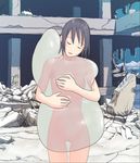  black_hair closed_eyes cloud copyright_request flash_tomo hug nude rubble ruins slime solo water 