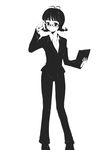  adjusting_eyewear akizuki_ritsuko antenna_hair braid computer ds_(ndsl) formal glasses greyscale high_contrast idolmaster idolmaster_(classic) laptop monochrome pant_suit short_hair solo suit twin_braids twintails 