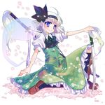  ahoge black_hairband blue_eyes ghost hair_ribbon hairband hands_on_hilt highres katana knee_up konpaku_youmu konpaku_youmu_(ghost) midori_(green_tea) petals ribbon short_hair silver_hair sitting solo sword touhou transparent_background weapon 