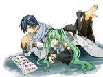  1girl aqua_eyes aqua_hair bad_id bad_pixiv_id barefoot blue_eyes blue_hair blue_scarf detached_sleeves feet hatsune_miku irono_(irtyu) kaito long_hair lying necktie on_stomach reading scarf skirt thighhighs twintails very_long_hair vocaloid 