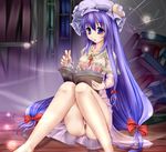  book bow crescent food_print food_themed_clothes hair_bow hair_ribbon hat highres legs long_hair monikano nightgown panties pantyshot pantyshot_(sitting) patchouli_knowledge print_panties purple_eyes purple_hair reading ribbon see-through sitting solo strawberry_panties strawberry_print touhou underwear 