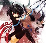  black_hair black_legwear duca houjuu_nue polearm red_eyes short_hair snake solo thighhighs touhou weapon wings zettai_ryouiki 