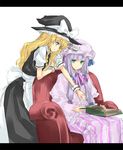  armchair blonde_hair blue_eyes book braid chair dress graphite_(medium) green_eyes hair_ribbon hat kirisame_marisa letterboxed mixed_media multiple_girls nabeshima_tetsuhiro patchouli_knowledge pointing purple_hair reading ribbon sitting sketch touhou traditional_media witch_hat wrist_cuffs 